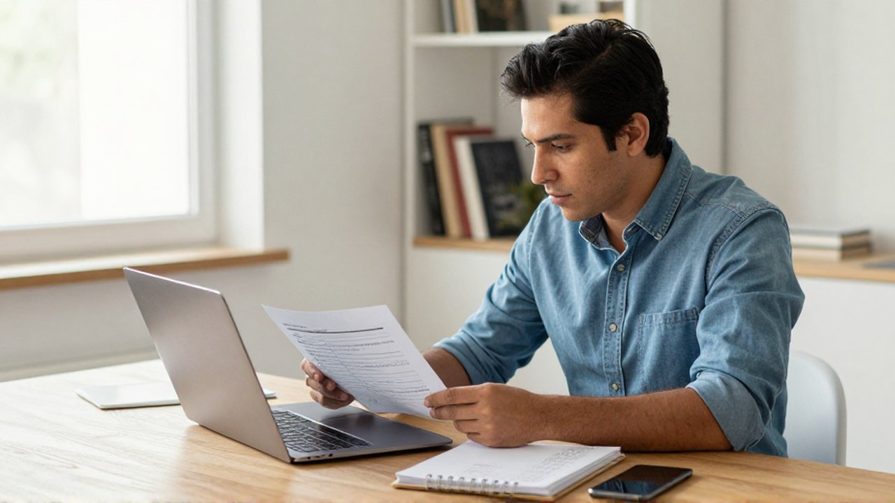 Un emprendedor latinoamericano revisa documentación de seguridad en una laptop sobre un escritorio de madera.