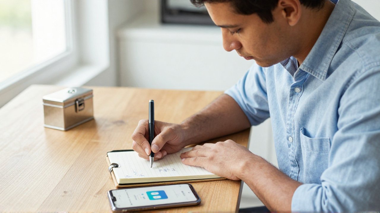 Una persona escribe códigos de recuperación en un cuaderno junto a un smartphone sobre un escritorio de madera.