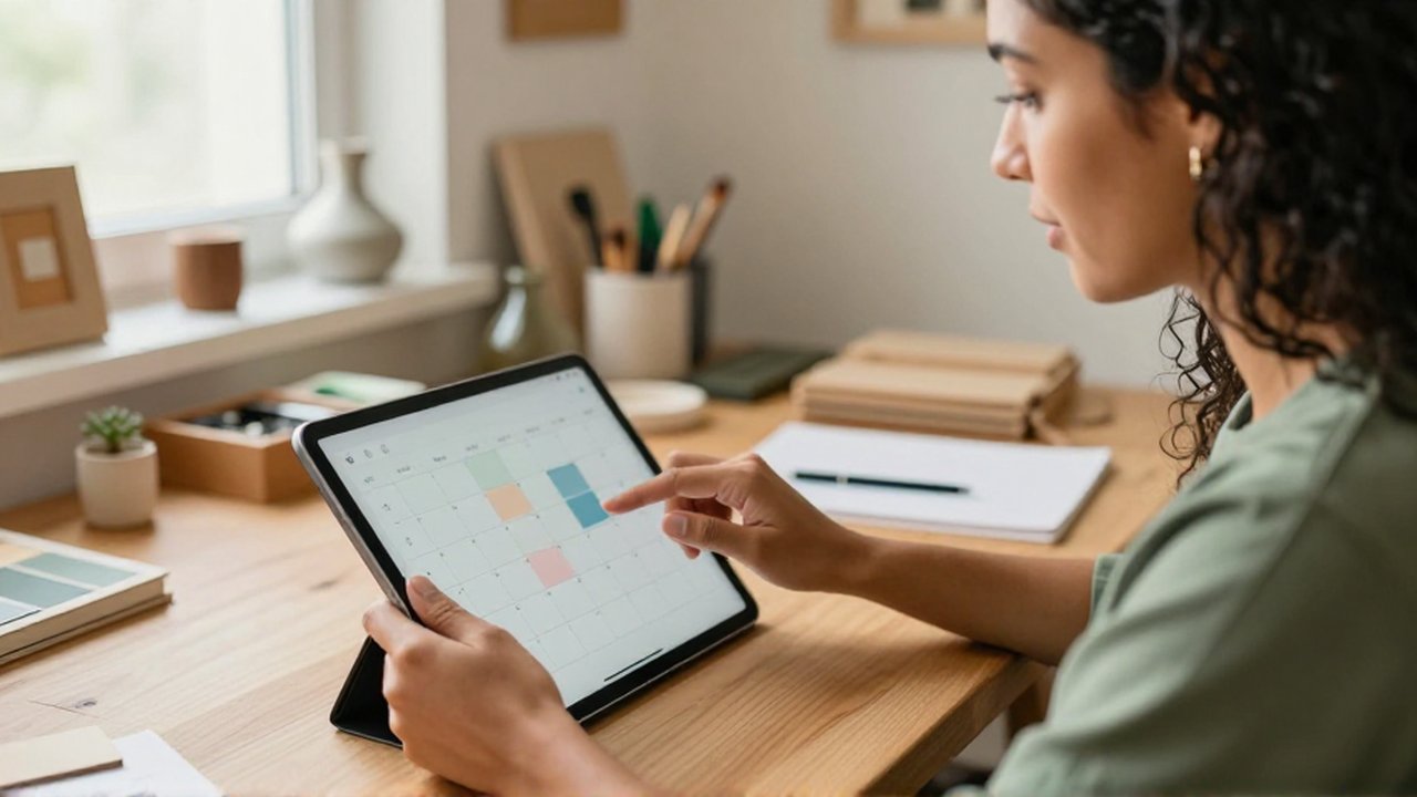 Mujer sentada en un escritorio de madera ajustando una tarea en un calendario de una tableta digital.