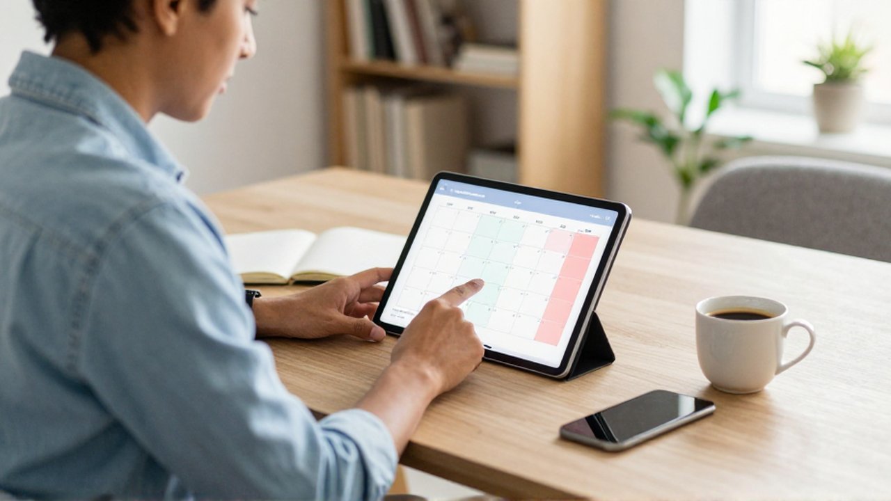 Persona sentada frente a un escritorio de madera revisando un calendario en una tableta digital.