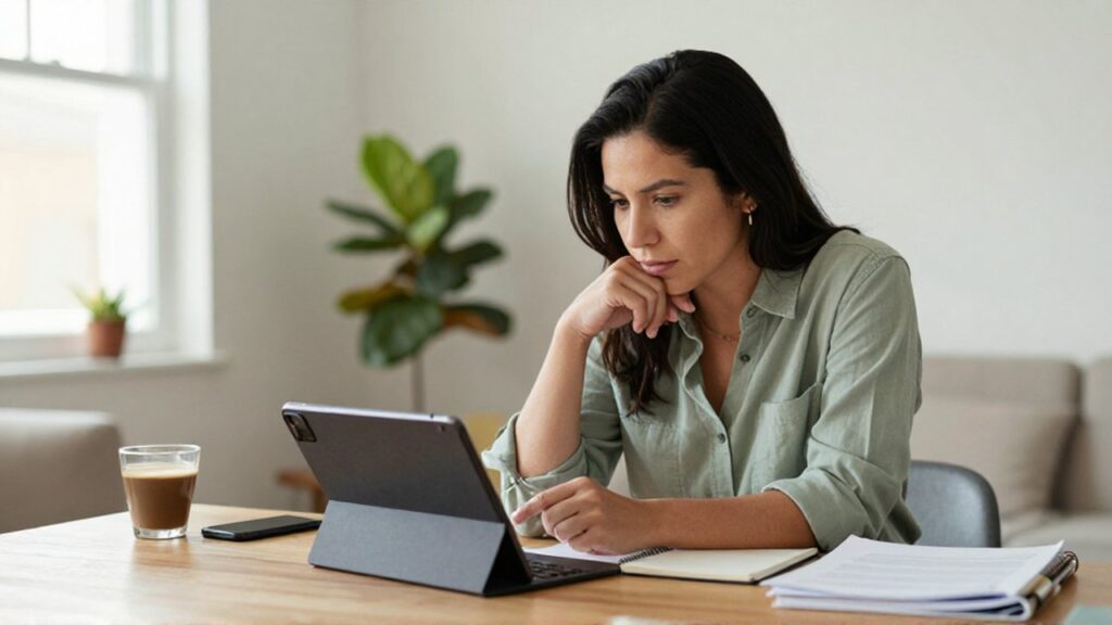 Persona sentada en un escritorio de madera comparando información en una tableta y un cuaderno.