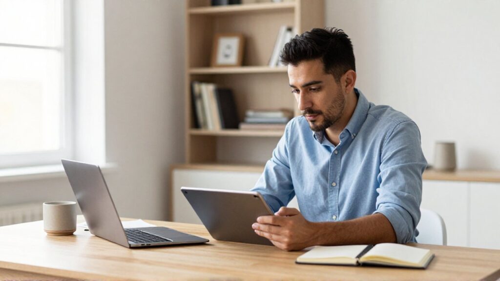Un emprendedor compara opciones digitales en un ordenador y una tableta sobre un escritorio de madera.