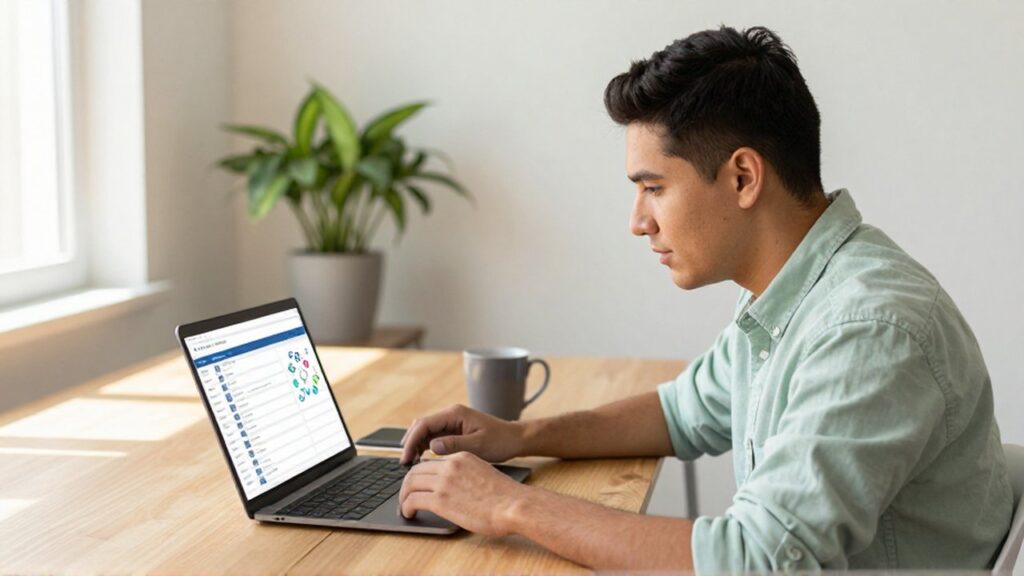 Un emprendedor latinoamericano revisa un flujo de trabajo digital en un portátil sobre un escritorio de madera.