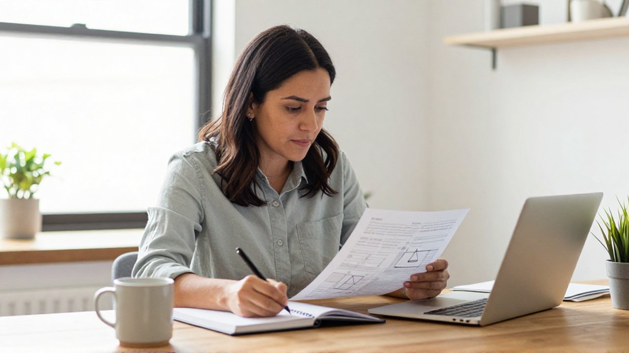 Mujer sentada en un escritorio de madera analizando un diagrama impreso y tomando notas en un cuaderno.