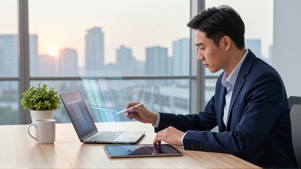 Analista de datos trabajando en una oficina moderna con interfaces digitales sobre una tableta y portátil.