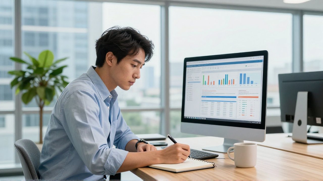 Analista de datos revisando patrones en un monitor y tomando notas en una oficina moderna.