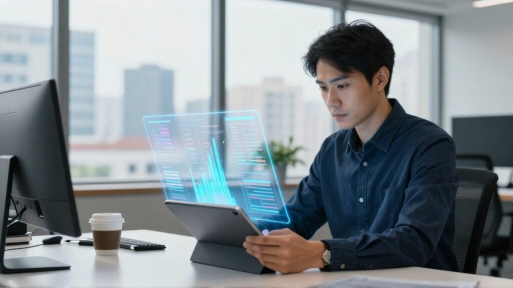Analista trabajando en una oficina moderna mientras examina gráficos y flujos de datos holográficos.