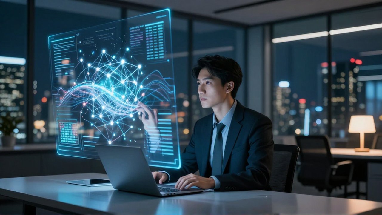 Analista de datos concentrado examinando proyecciones holográficas de redes conectadas en un centro de mando tecnológico.