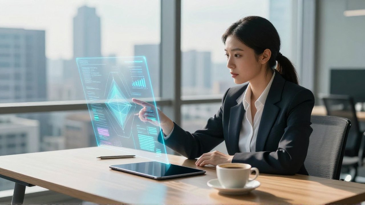 Analista de negocios señalando datos holográficos sobre una tableta en una oficina moderna y luminosa.