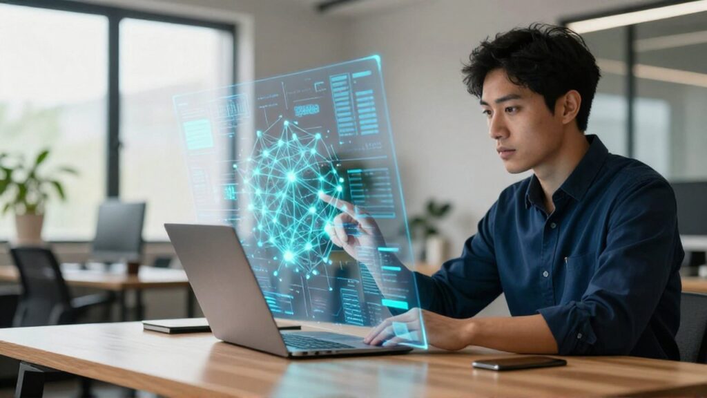 Analista de datos estudia una proyección holográfica de nodos y clusters de información en una oficina moderna.