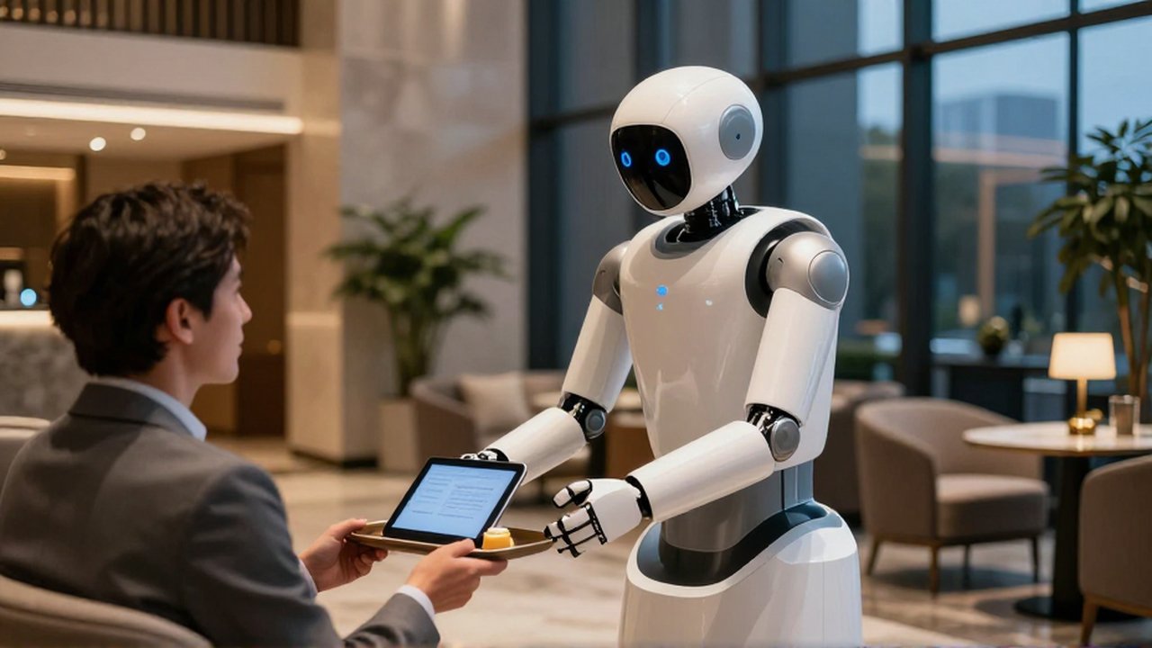 Robot de servicio minimalista ofreciendo una bebida a un cliente en el elegante vestíbulo de un hotel.