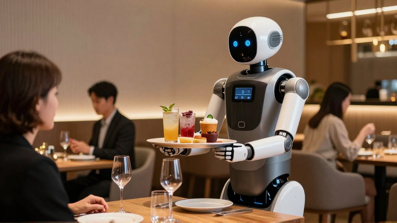 Robot de servicio moderno entregando una bandeja de bebidas en un restaurante elegante.