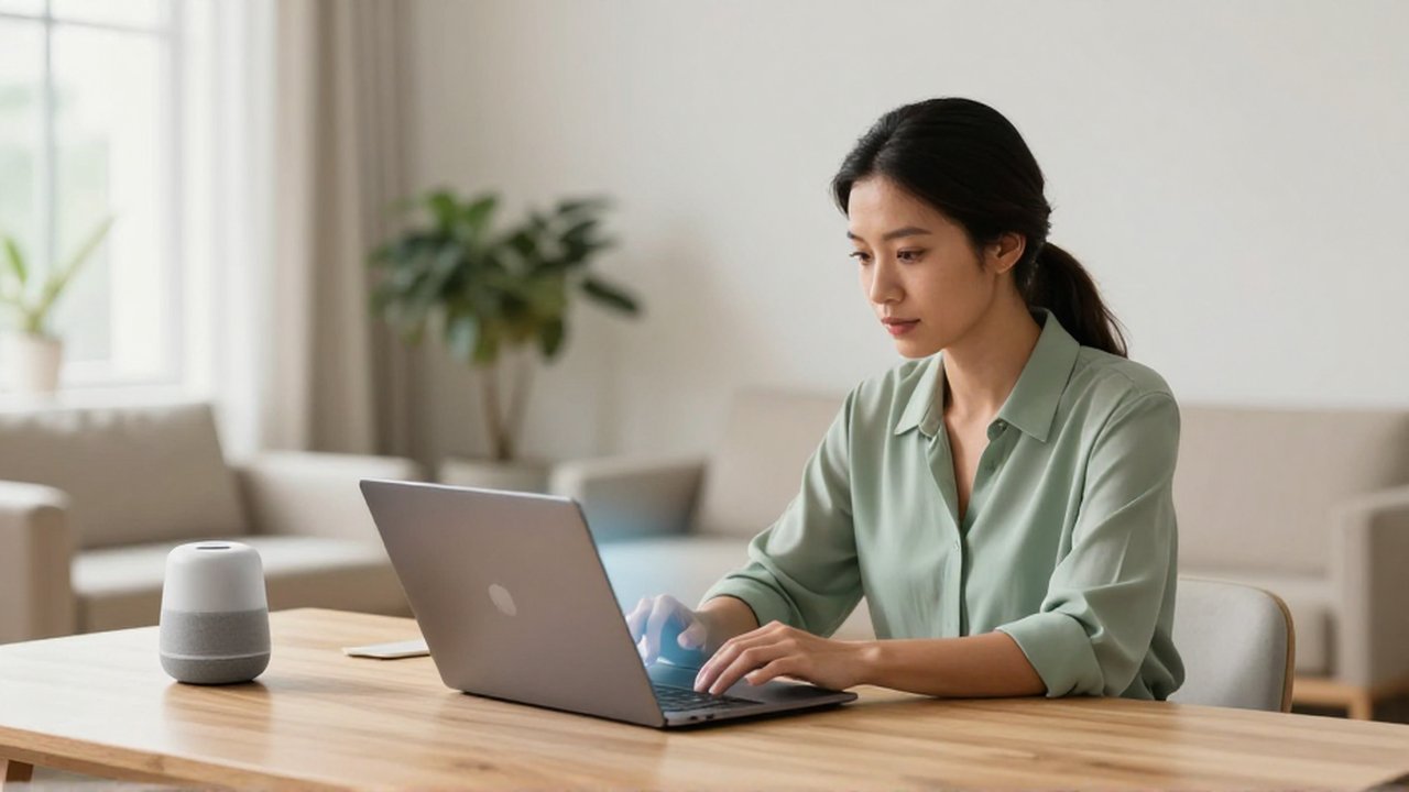 Mujer emprendedora concentrada trabajando con su portátil en un despacho luminoso y moderno.