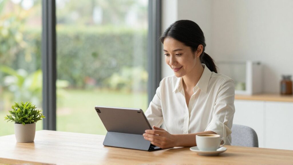 Mujer emprendedora sonriente interactúa con una tableta en un despacho luminoso y ordenado.