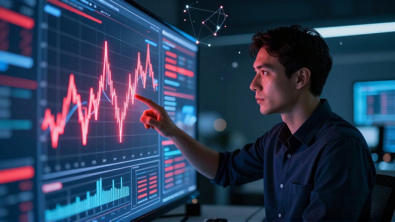 Analista examinando una proyección holográfica de gráficos de tendencia con anomalías marcadas en rojo.
