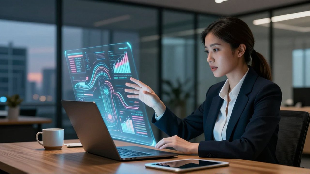Analista de datos interactuando con proyecciones holográficas de gráficos avanzados en una oficina moderna.