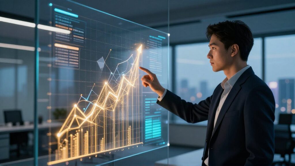 Analista de datos interactuando con gráficos tridimensionales y flujos de información en un panel holográfico.