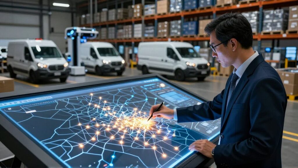 Gestor logístico organiza rutas de entrega mediante un mapa digital interactivo en un almacén automatizado.