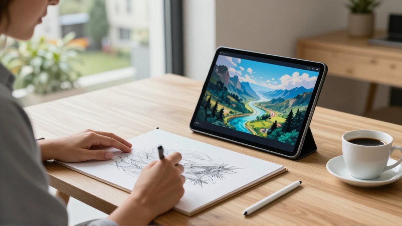Diseñador comparando un boceto a carboncillo físico con un paisaje digital en una tableta.
