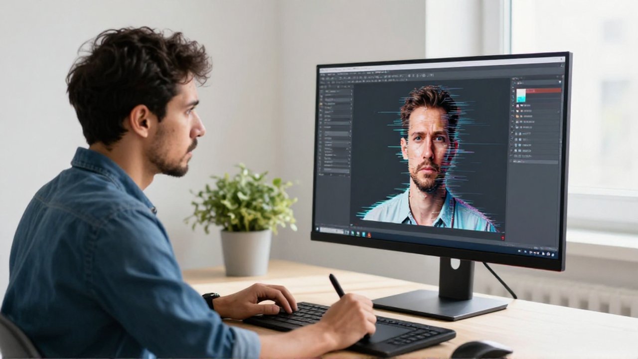 Artista digital observa con frustración un retrato con errores anatómicos en su monitor.