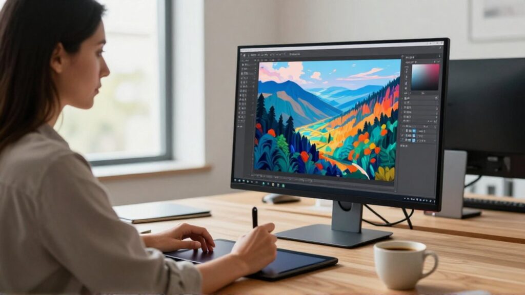 Diseñador gráfico trabajando con un lápiz digital en un monitor que muestra un paisaje vibrante.
