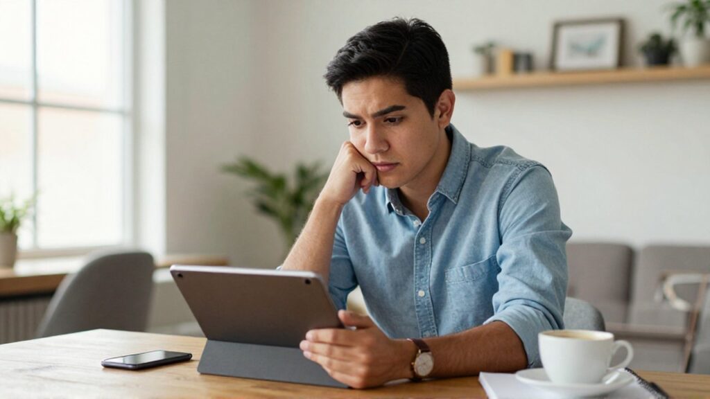 Un joven emprendedor observa con expresión preocupada la pantalla de una tableta sobre su escritorio de madera.