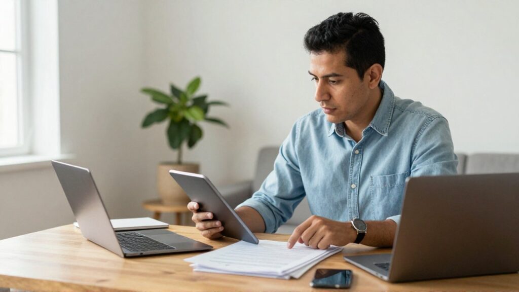 Dueño de un pequeño negocio organiza documentos y dispositivos digitales en un escritorio de madera.