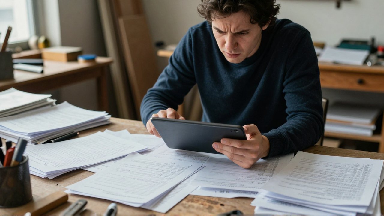 Persona frustrada intenta introducir datos en una tableta rodeada de notas manuscritas y archivos desordenados en un taller.