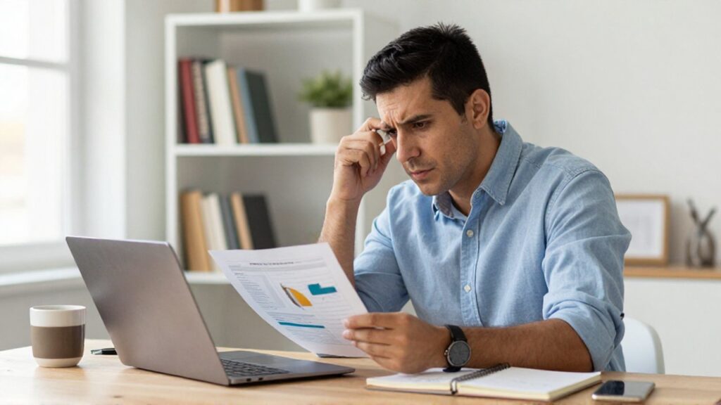 Un hombre frente a una laptop en una oficina revisa un reporte impreso con gesto preocupado.