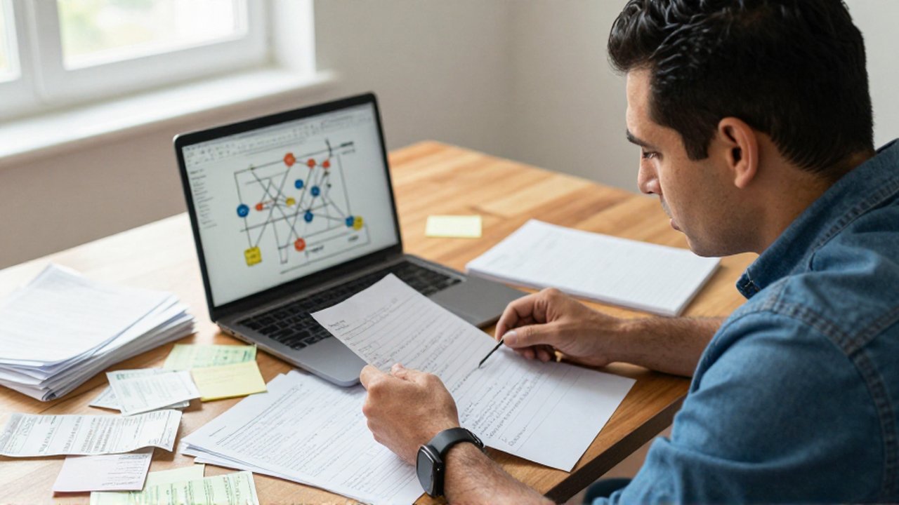 Un emprendedor mira con expresión abrumada un escritorio con notas, recibos y un diagrama complejo en su portátil.