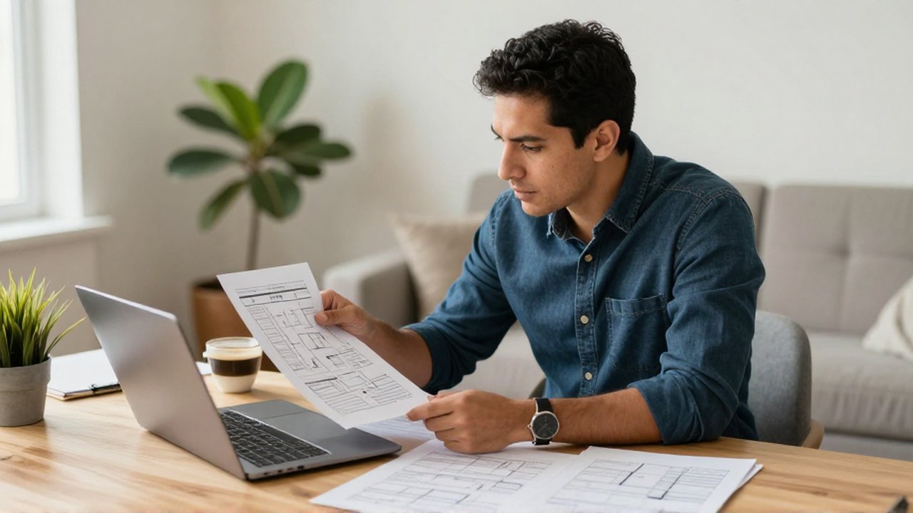 Persona sentada en un escritorio de madera comparando diagramas impresos con la pantalla de un portátil.