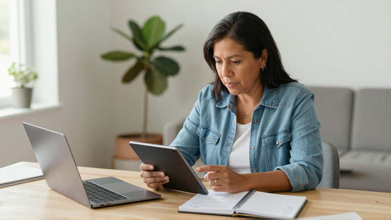 Mujer mediana edad compara notas en un cuaderno con una tableta digital en su oficina en casa.