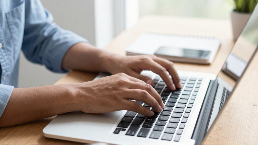 Manos de una persona suspendidas sobre el teclado de un portátil en un escritorio con libreta y smartphone.