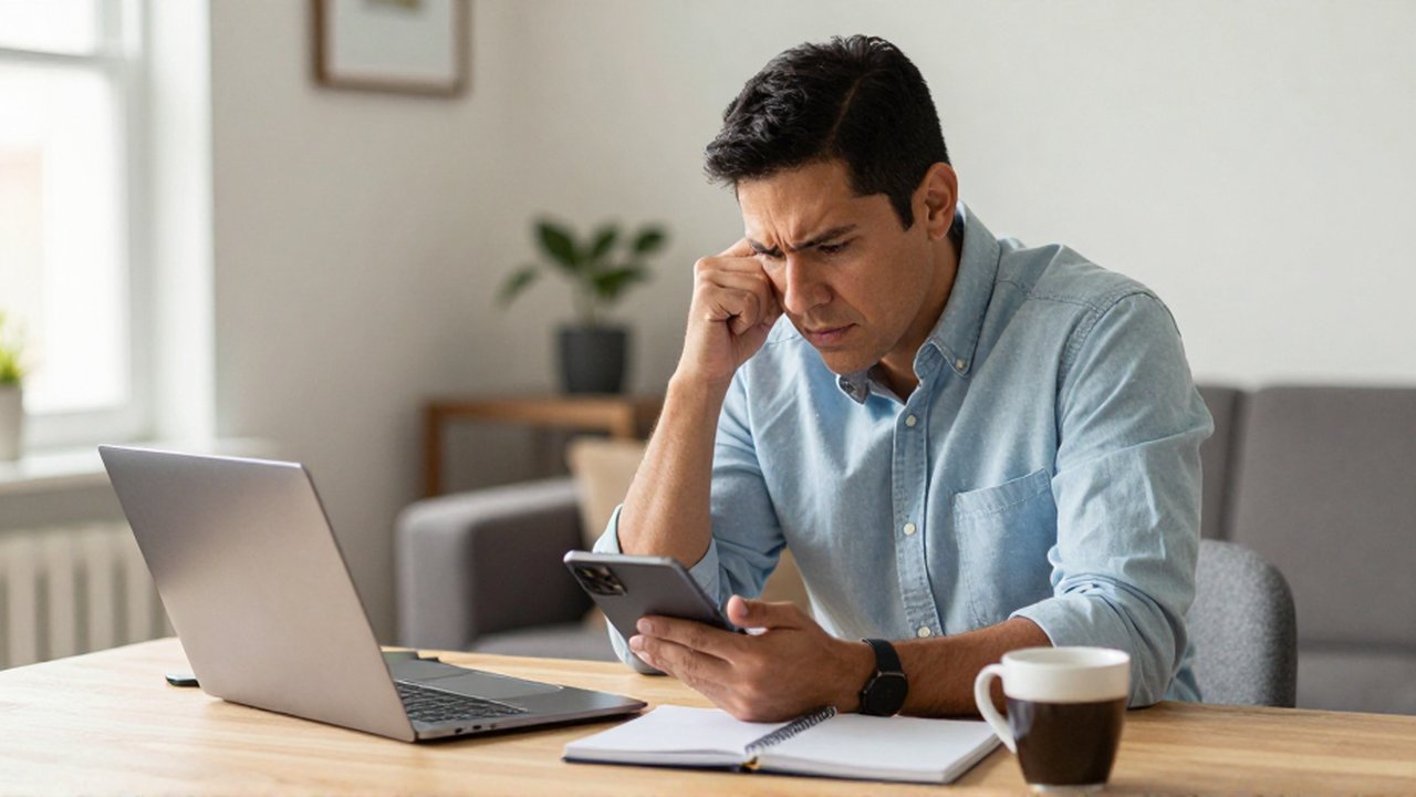 Persona sentada en un escritorio de madera revisando una tableta y un teléfono móvil con expresión preocupada.