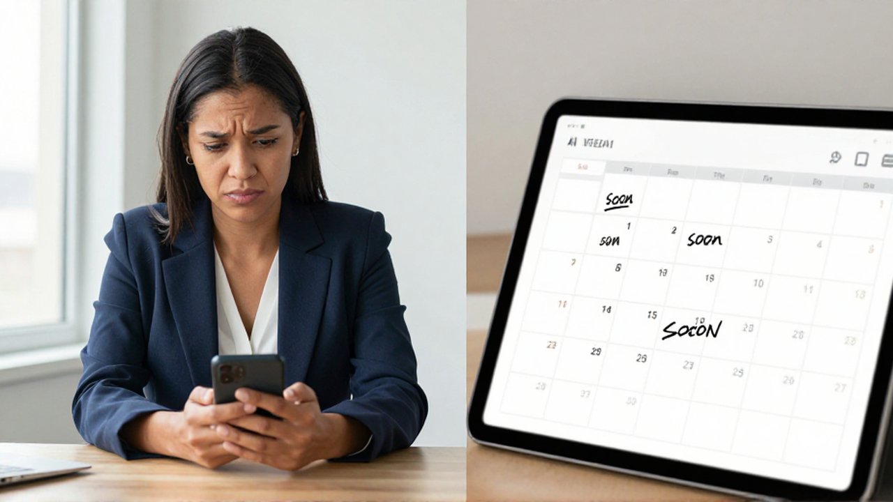 Mujer en una oficina mira con confusión un teléfono frente a un calendario digital detallado.