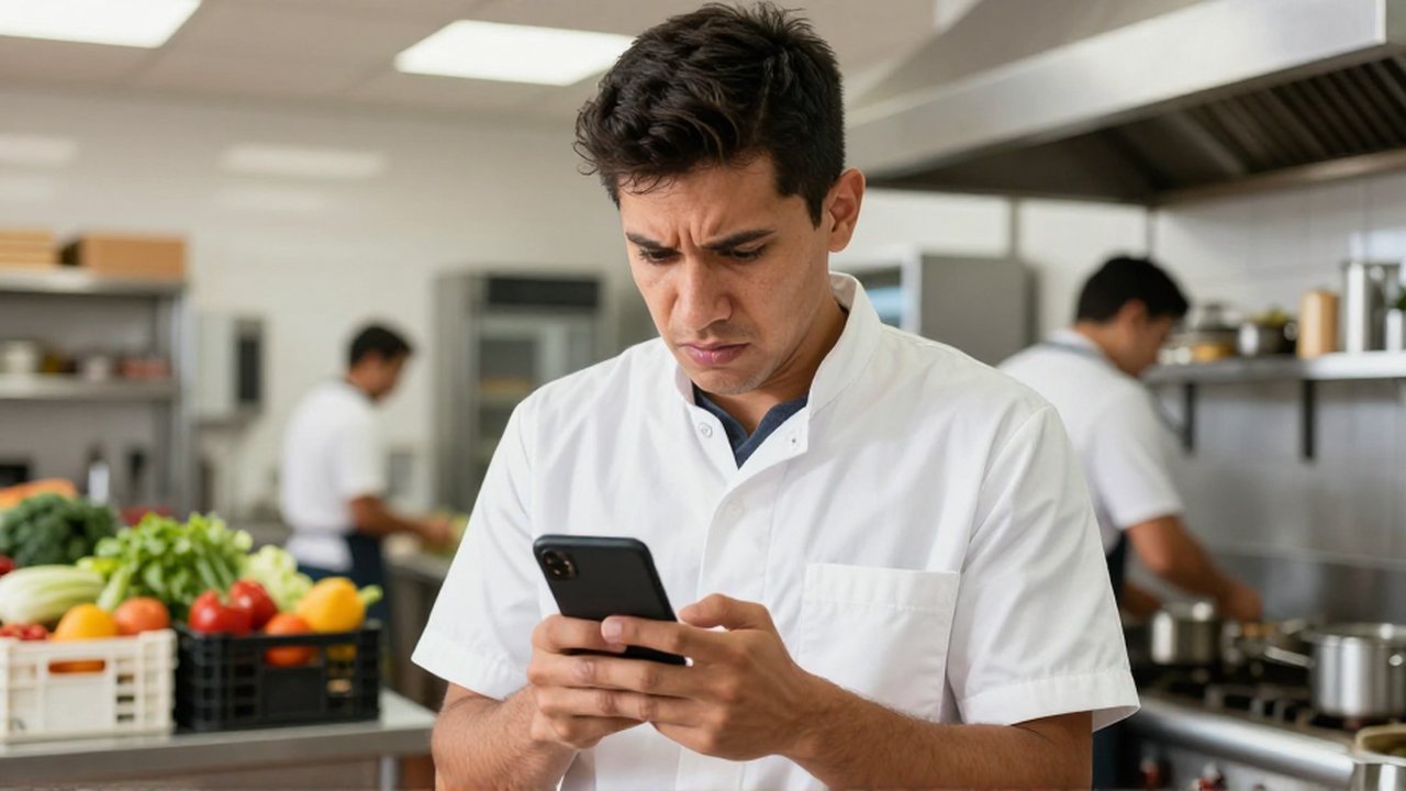Un gerente de restaurante mira con expresión de estrés un teléfono móvil en una cocina moderna.