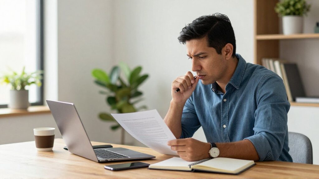 Una persona revisa con atención un documento impreso mientras compara la información con su computadora portátil.