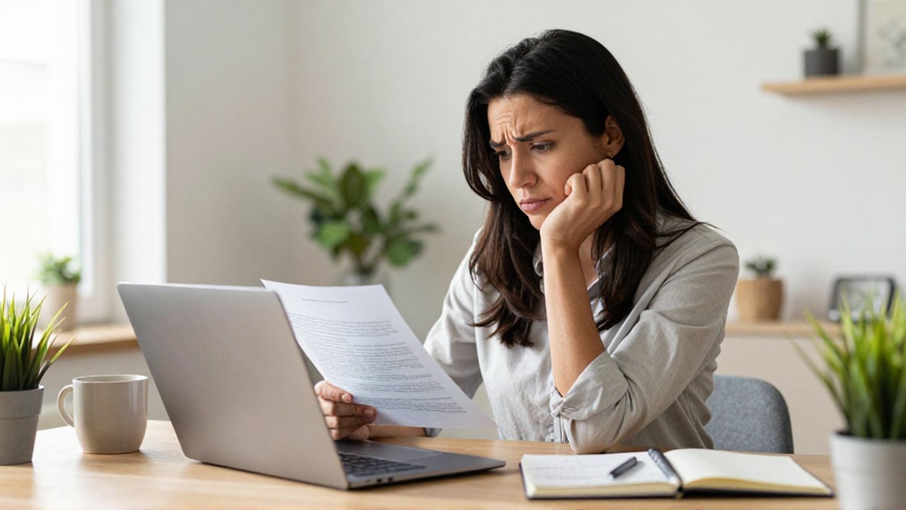 Mujer sentada frente a su computadora portátil en un escritorio de madera con una expresión de confusión.