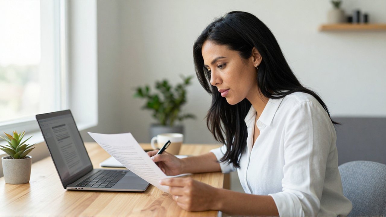 Mujer sentada en un escritorio de madera leyendo un documento impreso en una oficina iluminada.