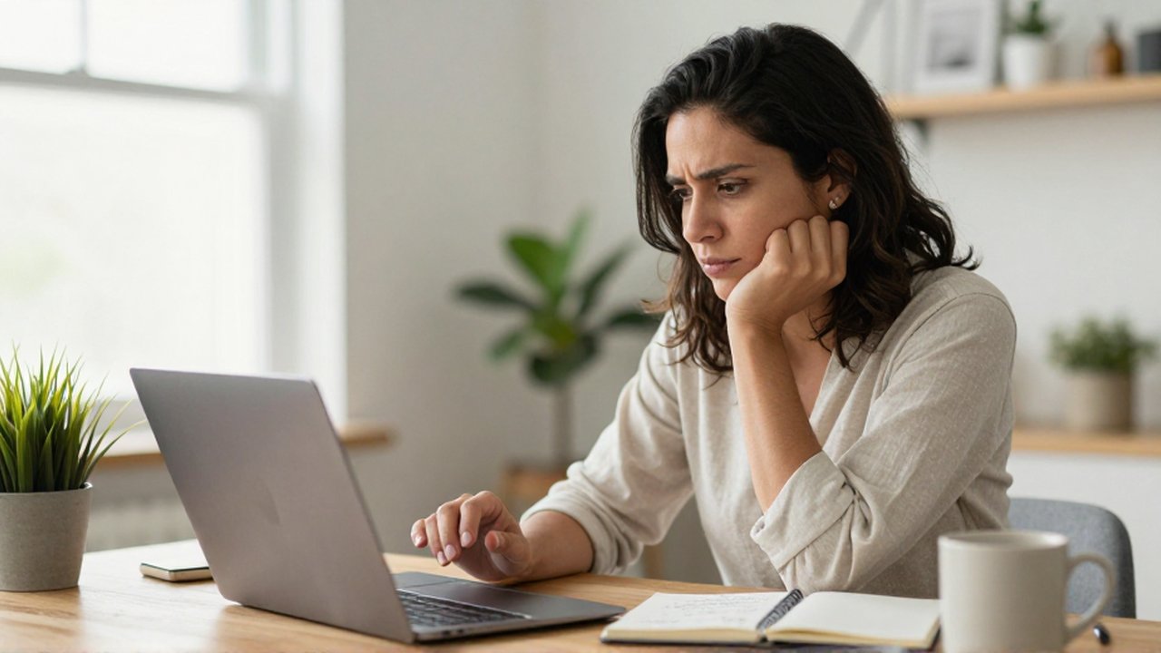 Mujer con expresión de insatisfacción frente a un portátil en un escritorio con notas y una planta.