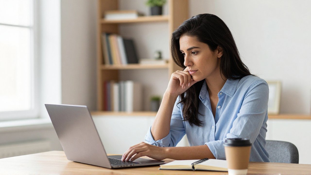 Persona sentada en un escritorio de madera frente a una computadora con un cuaderno y café.