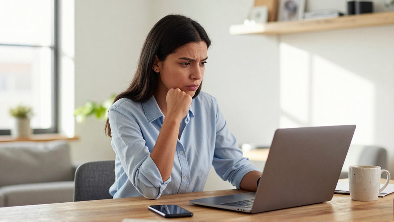 Mujer sentada frente a una computadora portátil en un escritorio de madera con un teléfono y una taza.