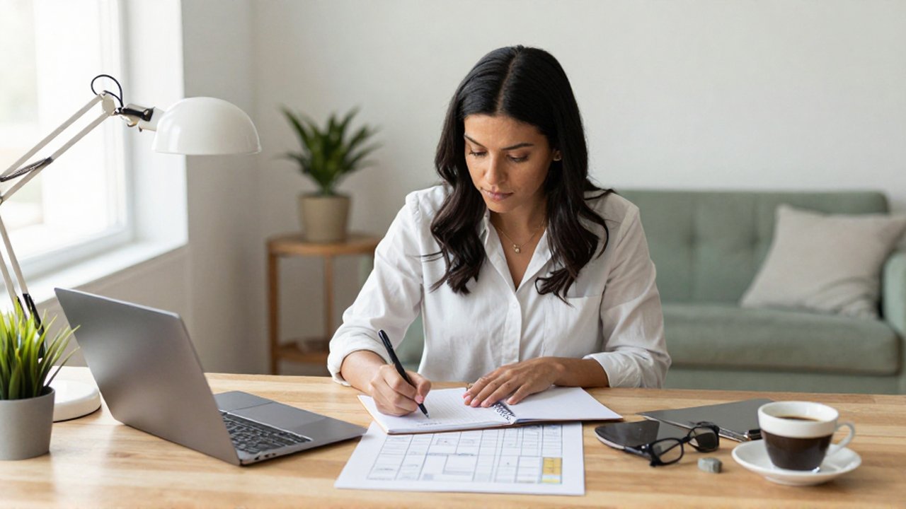 Mujer sentada en un escritorio de madera escribiendo en un cuaderno junto a un portátil.