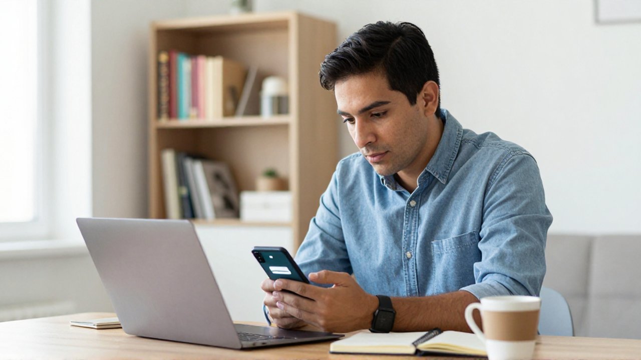 Emprendedor latinoamericano revisa un portátil y sostiene un smartphone con un código de seguridad en una oficina en casa.