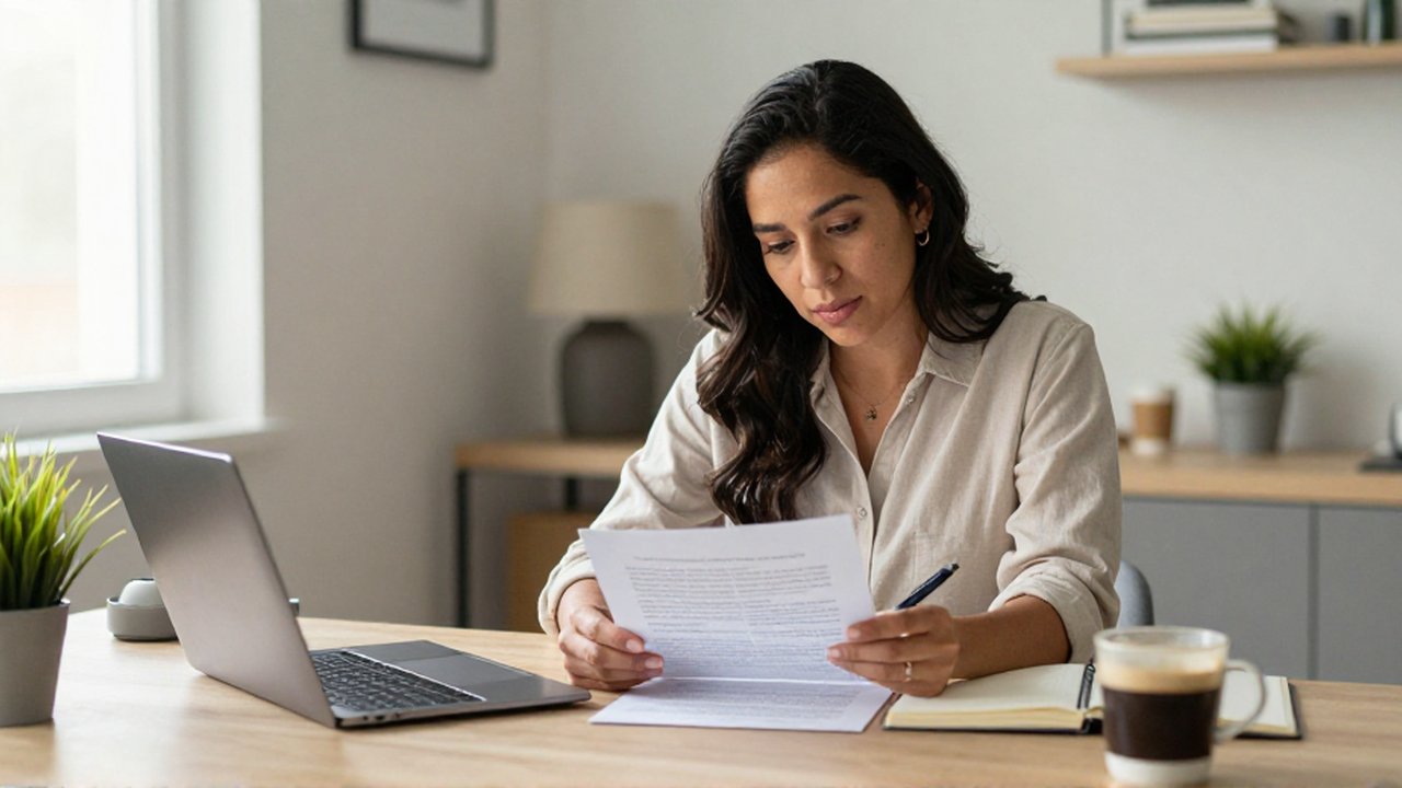 Mujer sentada en un escritorio de madera revisa un documento en una tableta y un cuaderno.