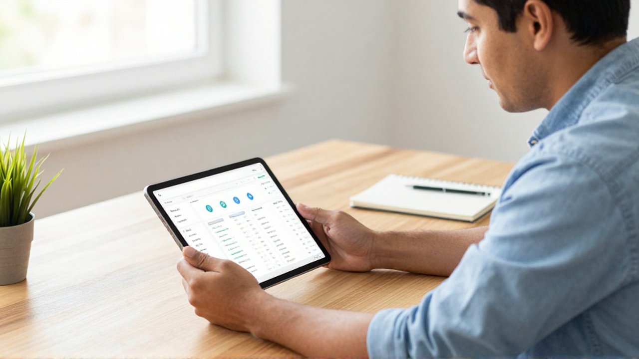 Un emprendedor compara dos tablets con distintas interfaces frente a un escritorio de madera en una oficina luminosa.