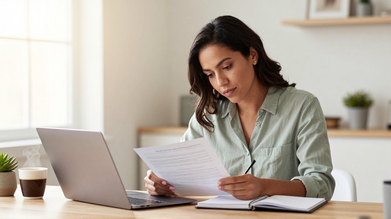 Mujer sentada en un escritorio de madera revisando un documento en su laptop y tomando notas en un cuaderno.