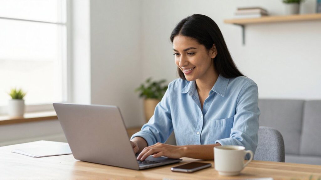 Mujer latinoamericana sonriente sentada frente a un portátil en un escritorio de madera con café y un teléfono.