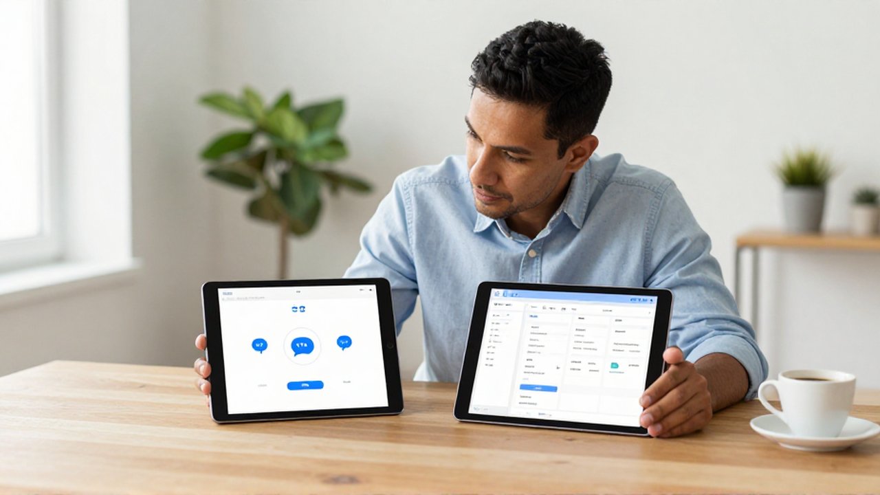Dueño de un negocio compara dos tabletas con diferentes interfaces en un escritorio de madera.