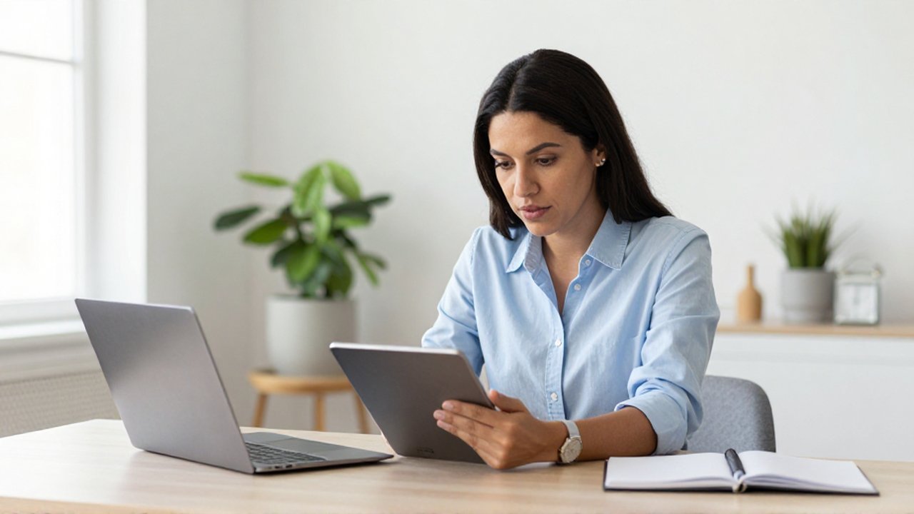 Mujer sentada en un escritorio moderno revisando una tableta junto a un ordenador portátil.